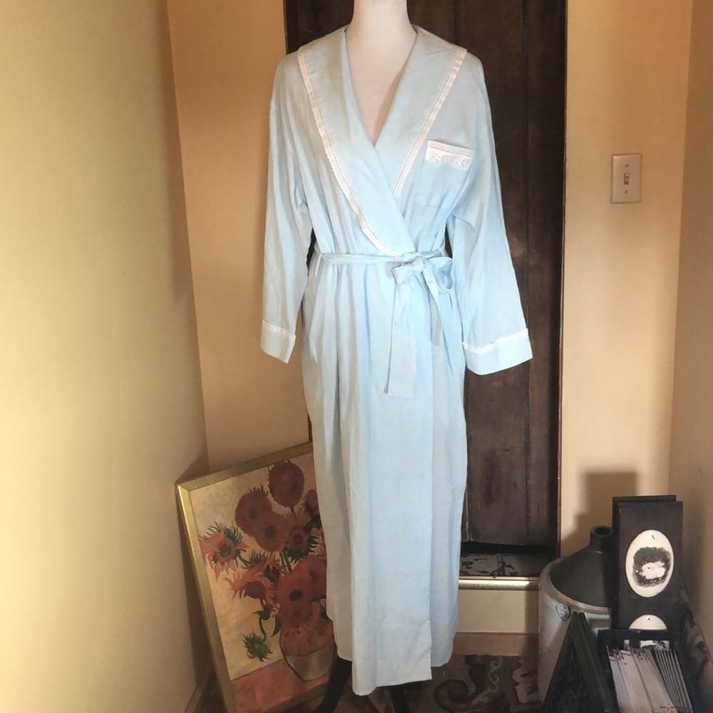 VTG02 EILEEN WEST size Small Cotton Robe LaceTrim Eyelet Stripe Shawl Collar NEW